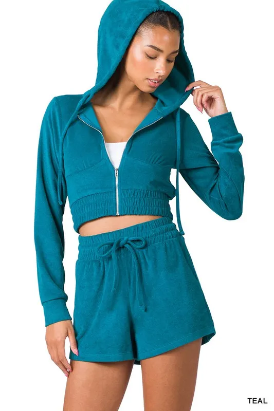 LOOP TERRY ZIP UP CROPPED HOODIE & SHORTS SET