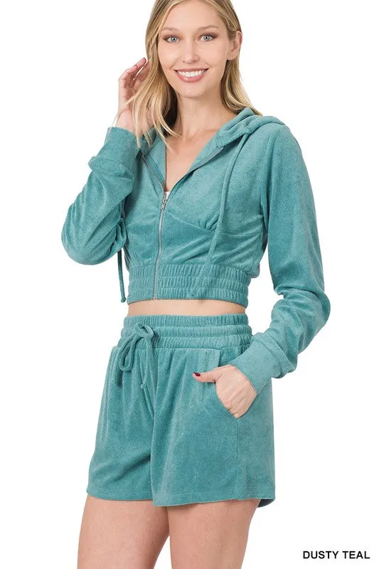 LOOP TERRY ZIP UP CROPPED HOODIE & SHORTS SET