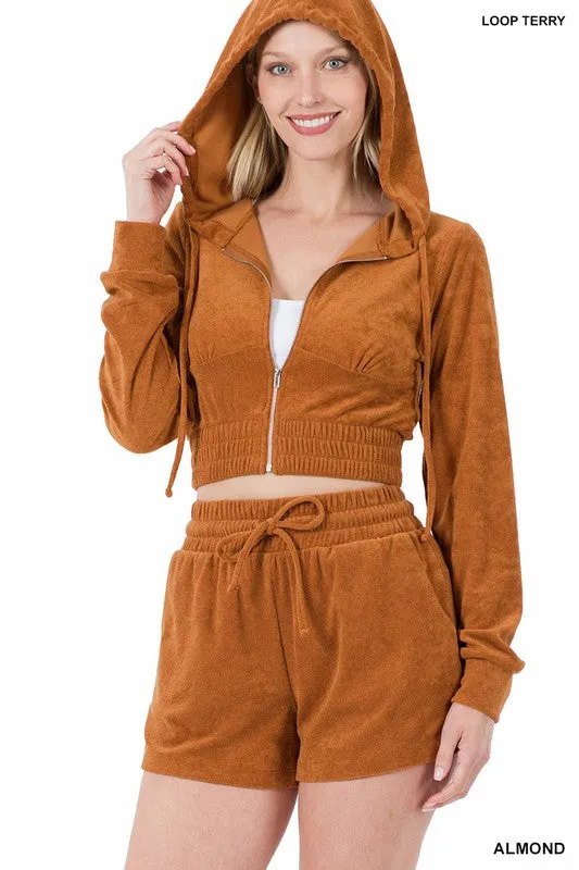 LOOP TERRY ZIP UP CROPPED HOODIE & SHORTS SET