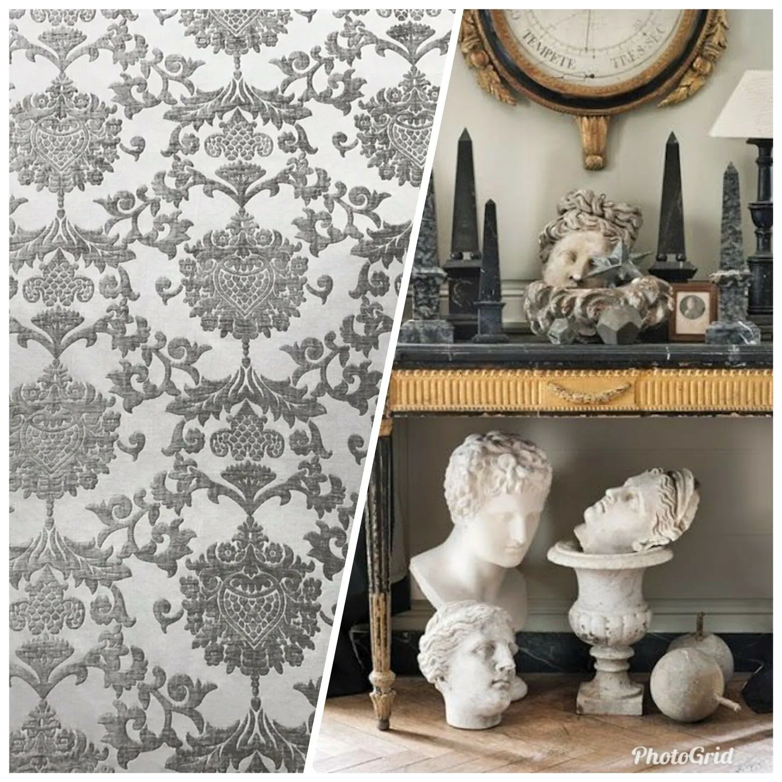 Lord Theo Designer Brocade Satin Burnout Chenille Velvet Fabric - Gray Upholstery Medallion