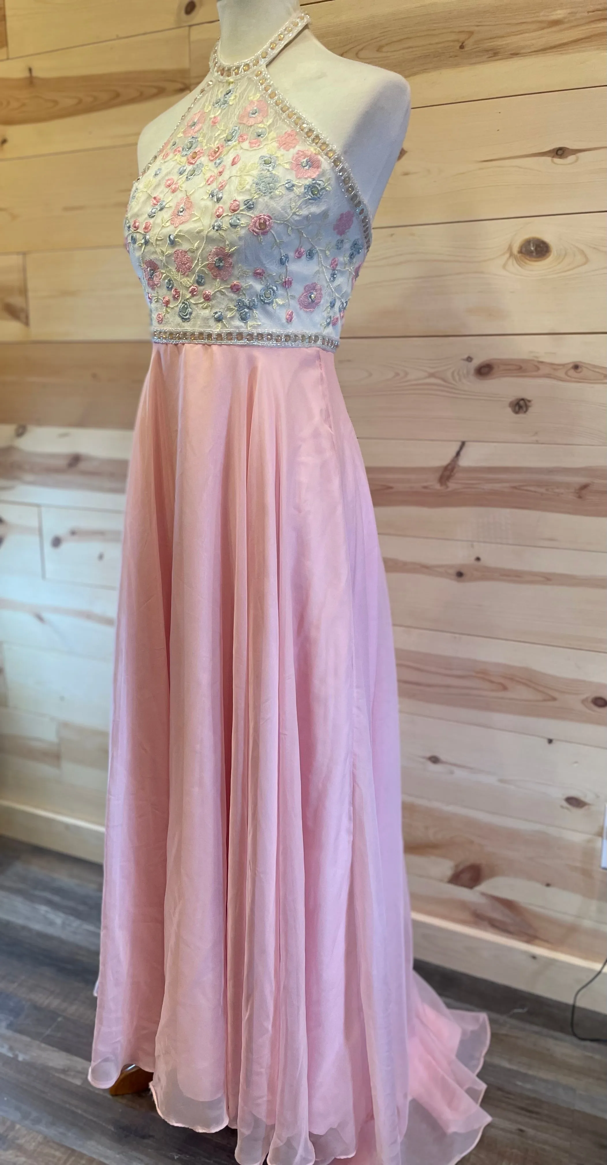 LUCCI LU Pink & White Floral Beaded Halter Top Long Dress size Small