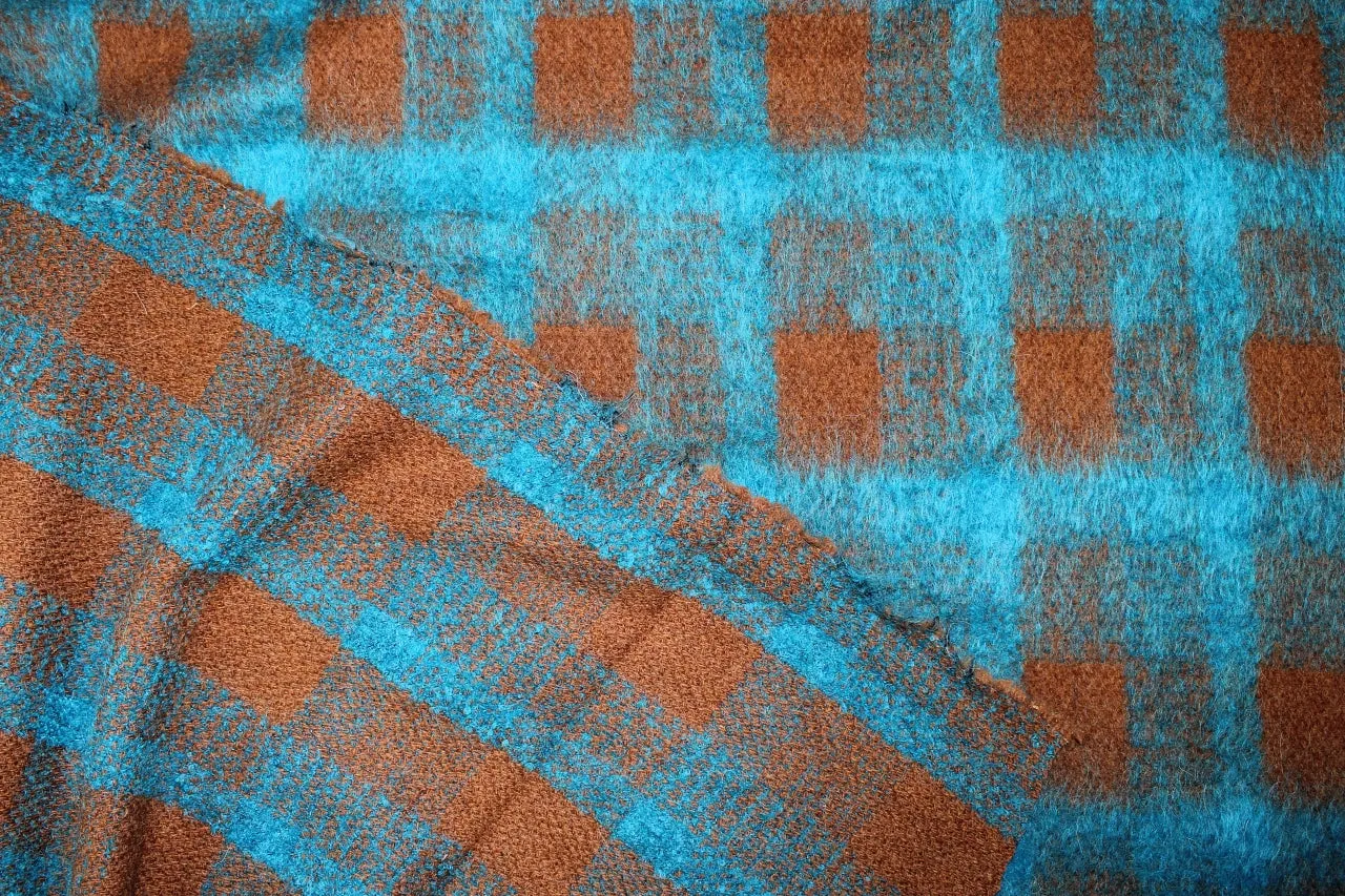 Mohair Blend Plaid Coating - Turquoise/Brown