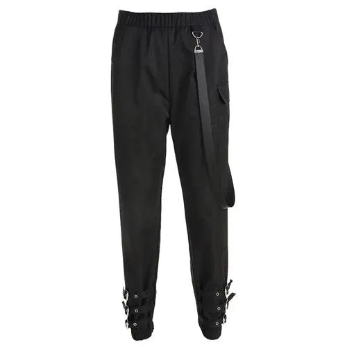 'No Prisoners' Black Grunge Buckle Strap Pants