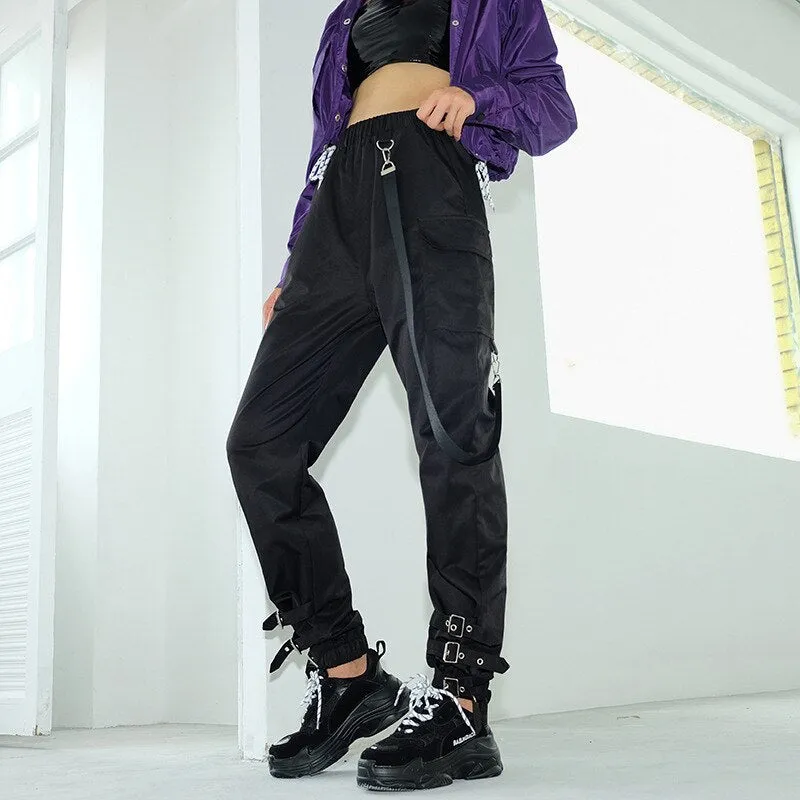 'No Prisoners' Black Grunge Buckle Strap Pants