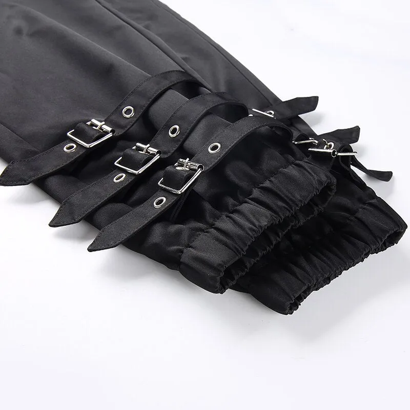 'No Prisoners' Black Grunge Buckle Strap Pants