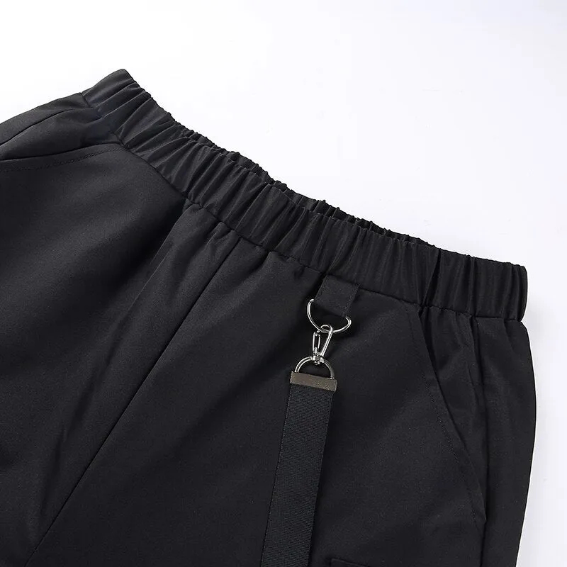 'No Prisoners' Black Grunge Buckle Strap Pants