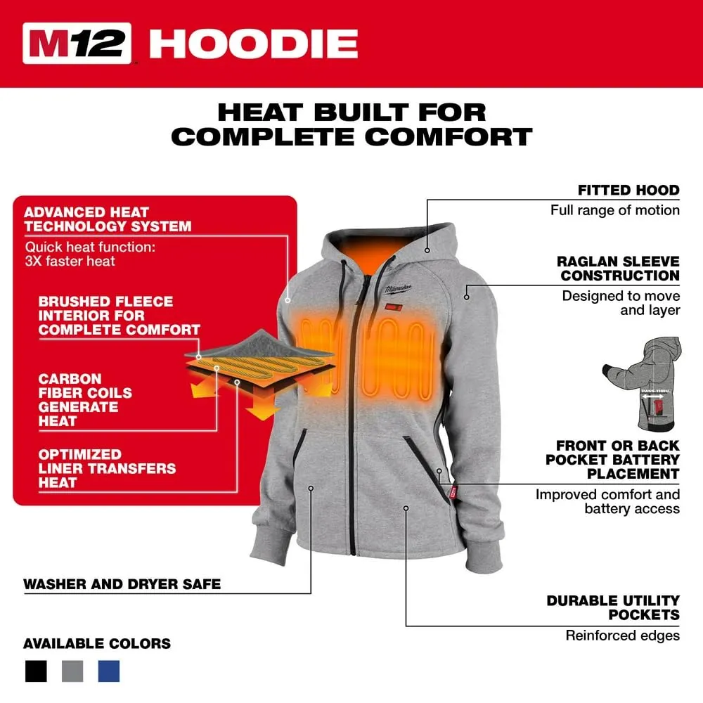 Open Box -  Milwaukee Tool Women's Large M12 12V Li-Ion Cordless Gray Heated Hoodie/Sweater Kit w/ (1) 2Ah Battery and Charger