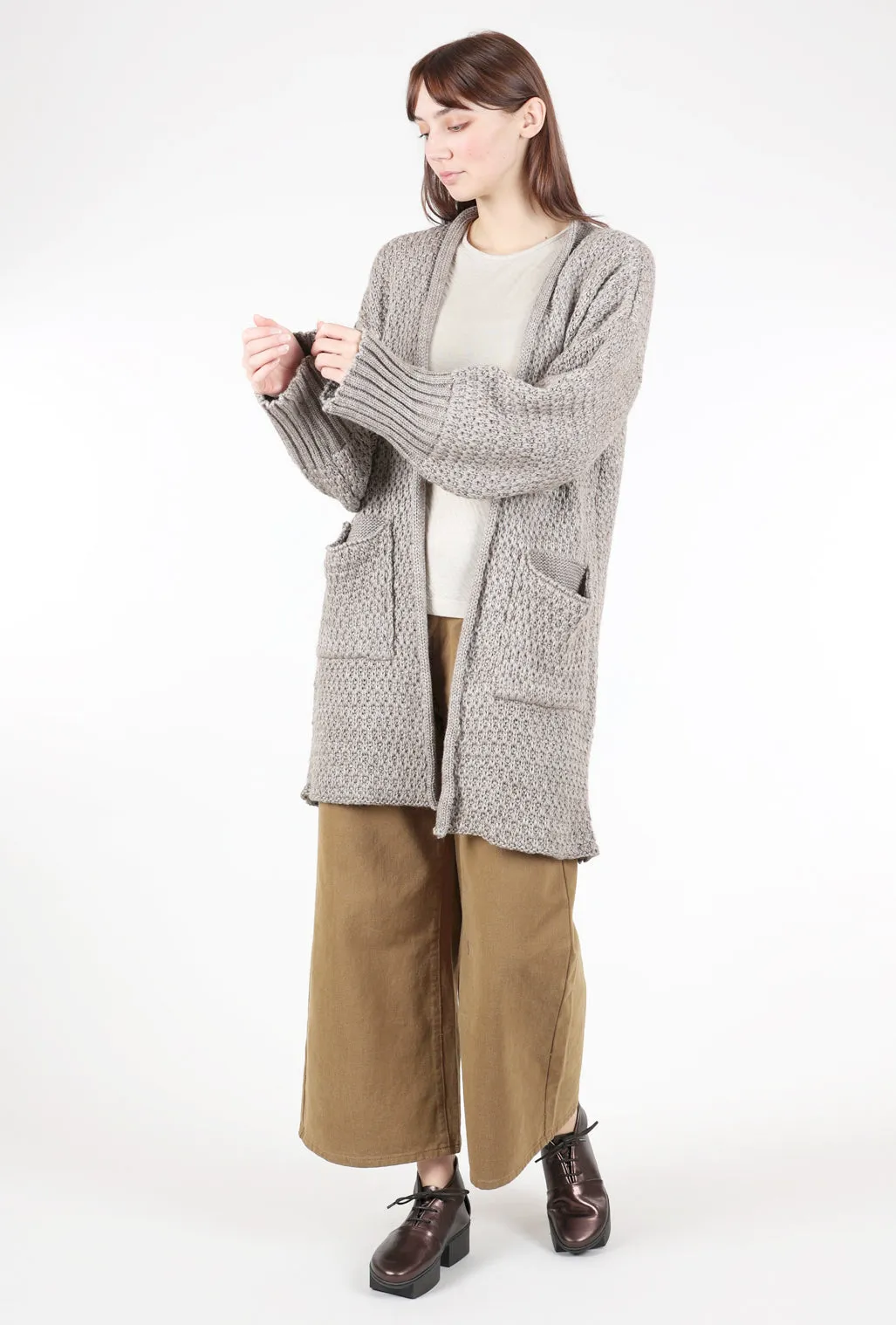 Patch-Pocket Knit Cardigan, Taupe