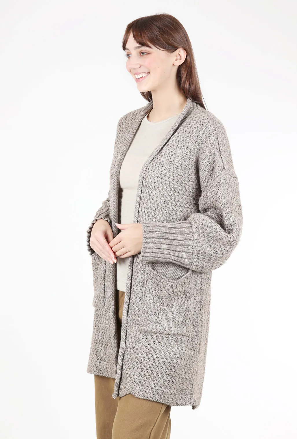 Patch-Pocket Knit Cardigan, Taupe