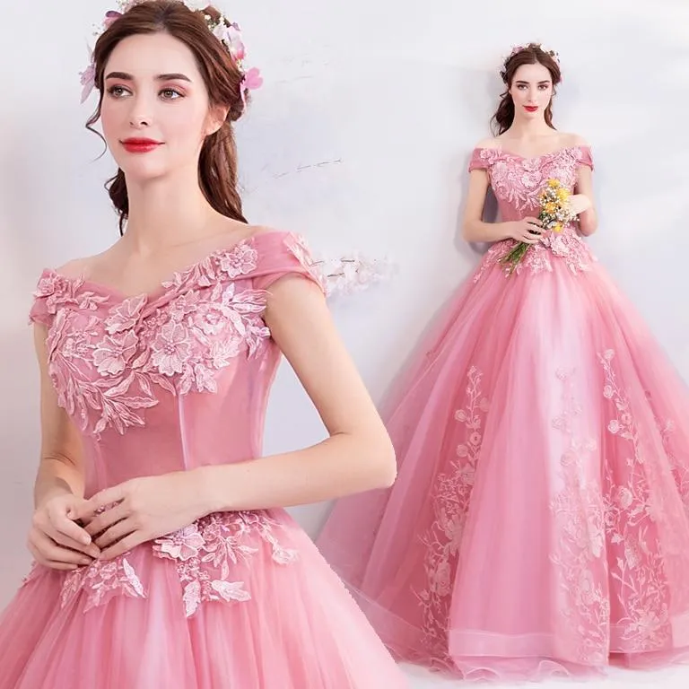 Pink Appliques Sweetheart Prom Dresses