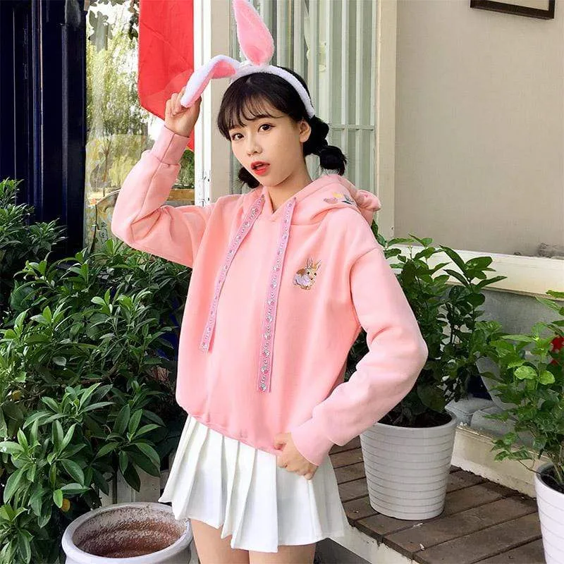 Rabbit Embroidered Velvet Hoodies