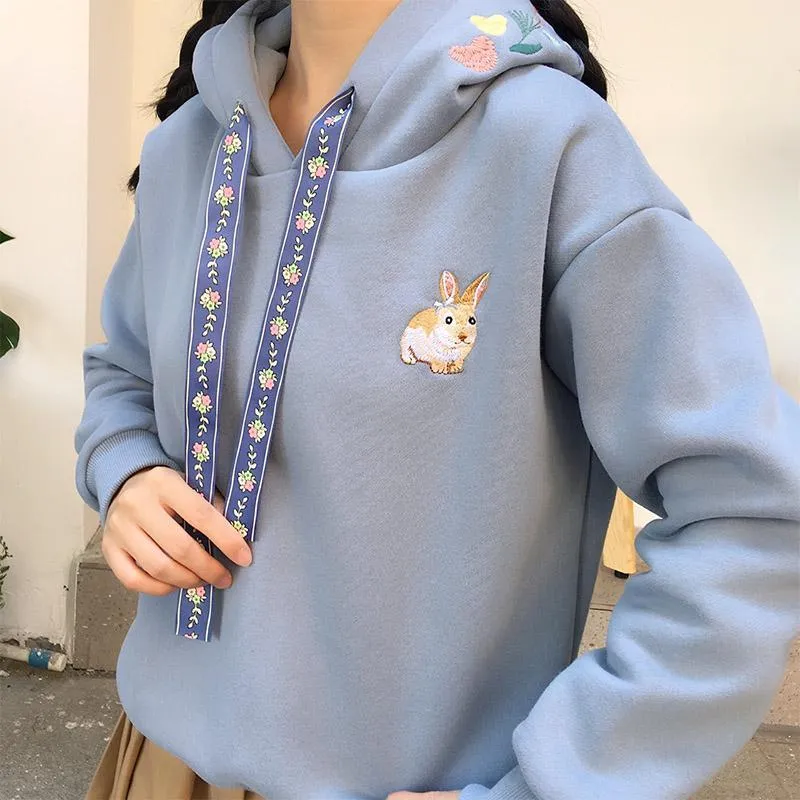 Rabbit Embroidered Velvet Hoodies