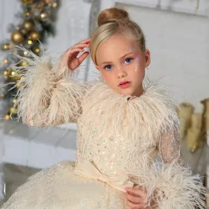 Sequined A-Line Flower Girl Dress with Full Sleeves, Fur Detailing, and Zipper Back - Festive Christmas Gown