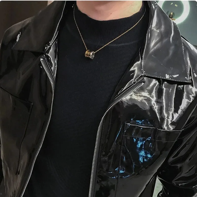 Shinny Leather Jacket for Men Fashion Autumn Winter Red Black Singer Dance Club Party Stage Costume Men Bomber Coats