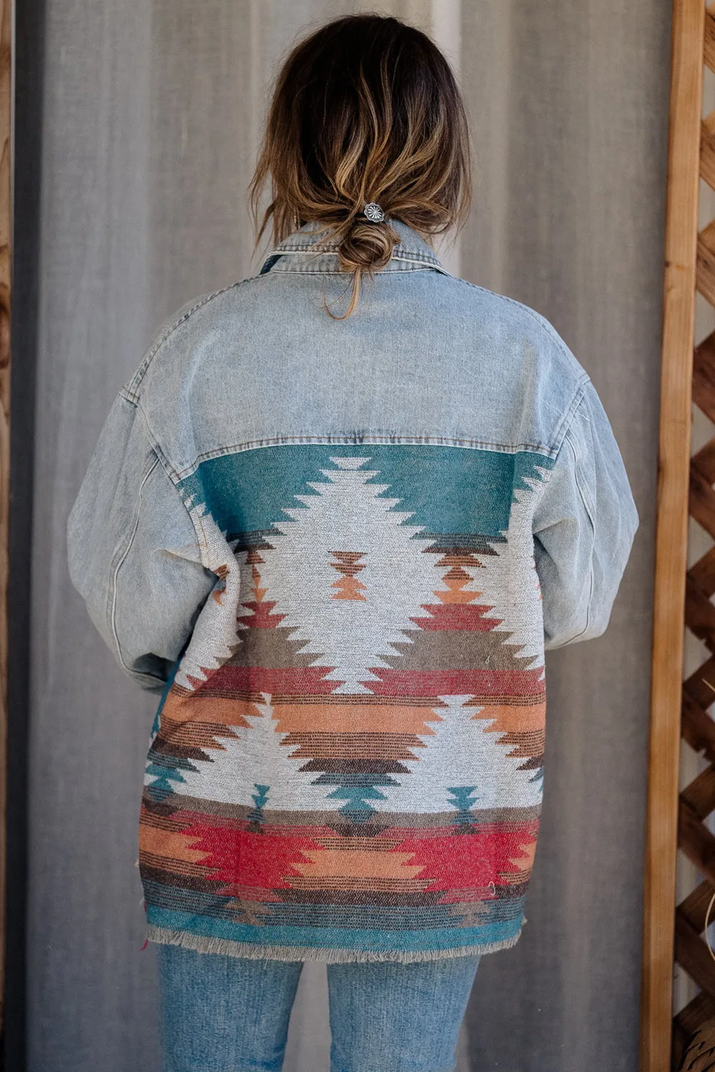 Sky Blue Plus Size Denim Geometric Print Jacket