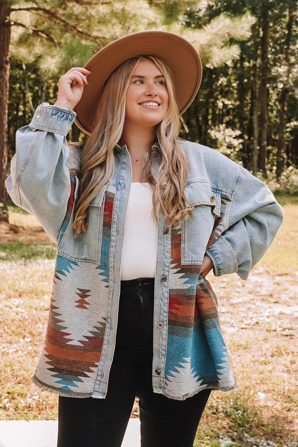 Sky Blue Plus Size Denim Geometric Print Jacket