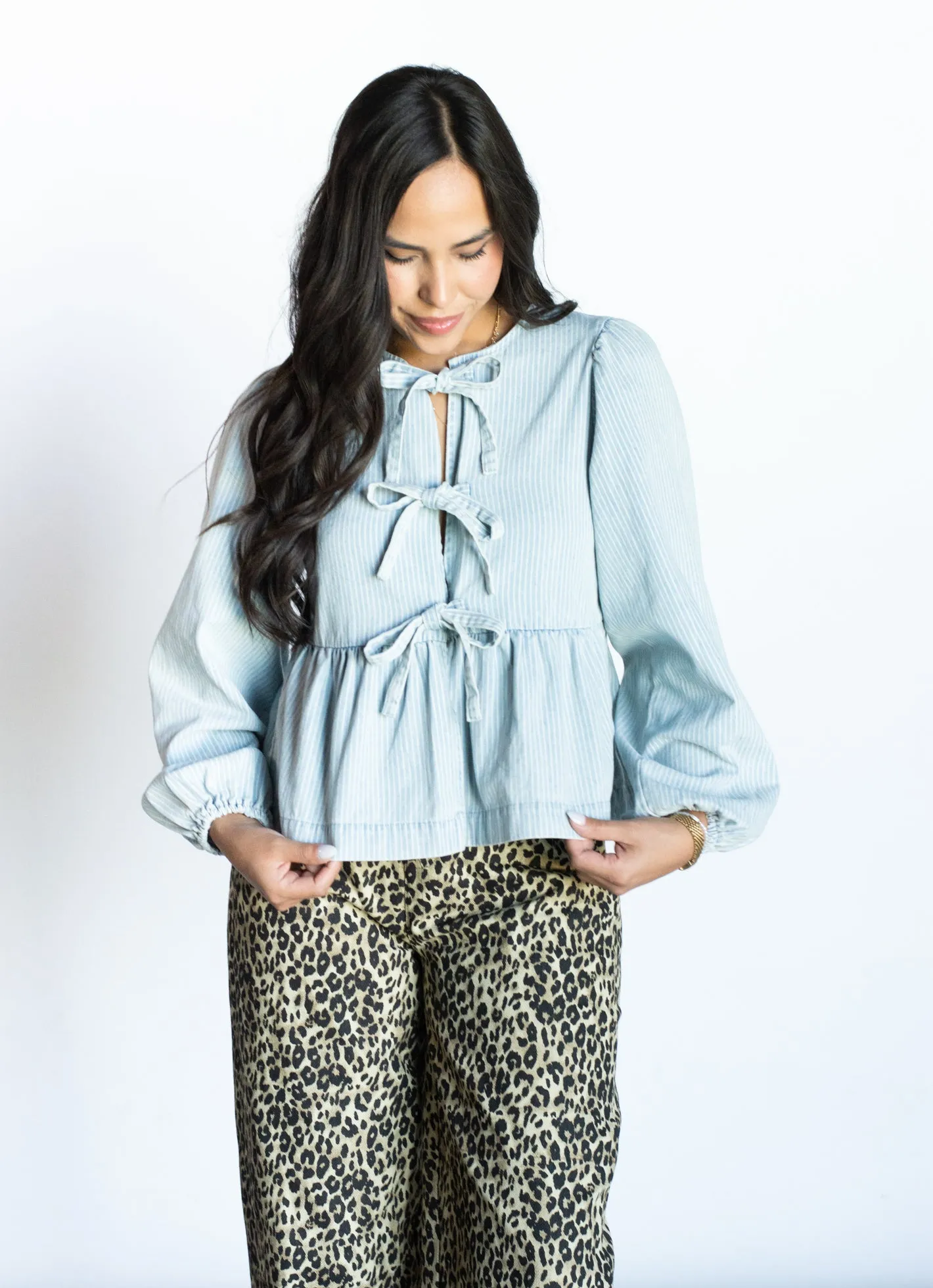 Somewhere New Denim Bow Tie Blouse