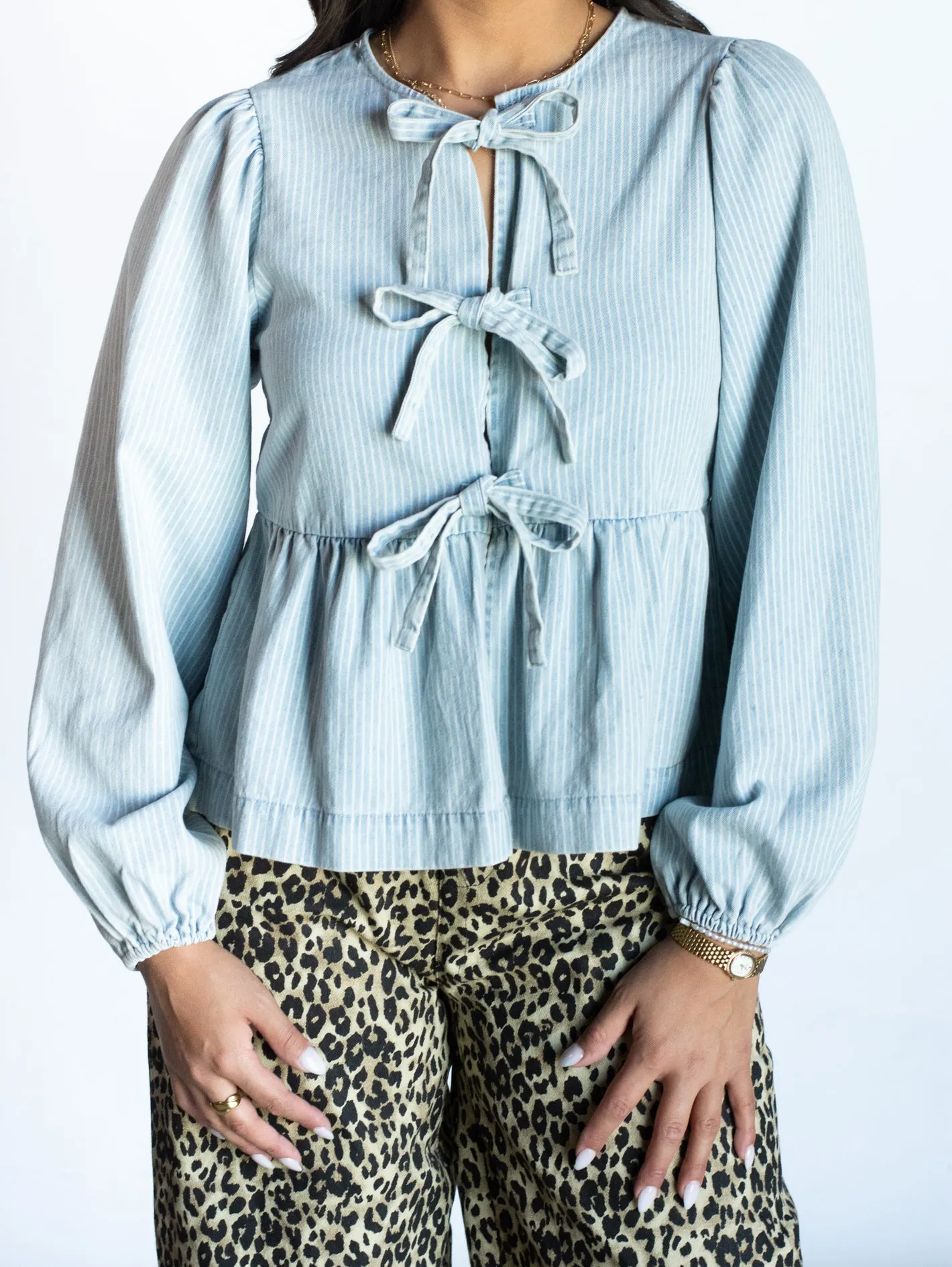 Somewhere New Denim Bow Tie Blouse