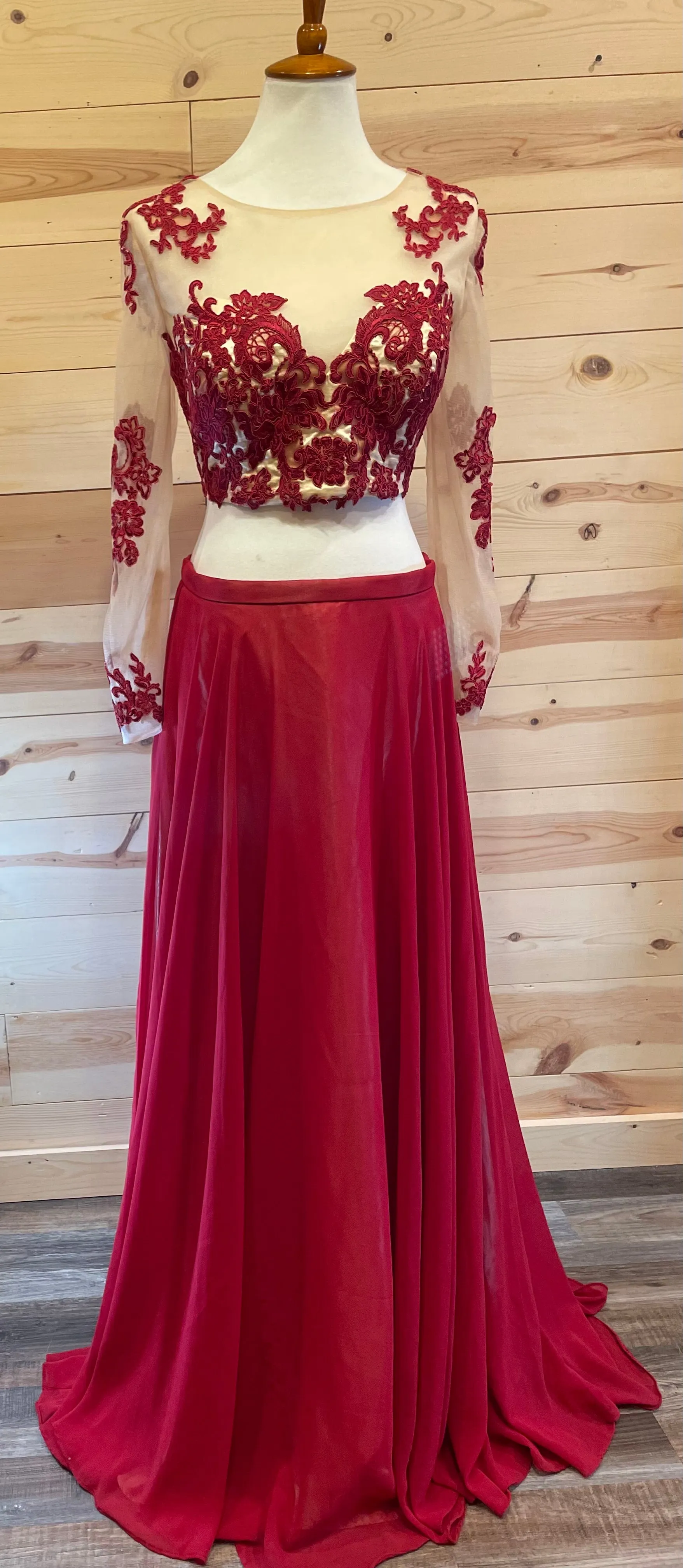 Sparkle Two Piece Red & Nude Long Dress Lace Size 16