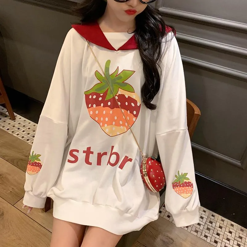 Strawberry Printed Loose Hoodies With Pocket