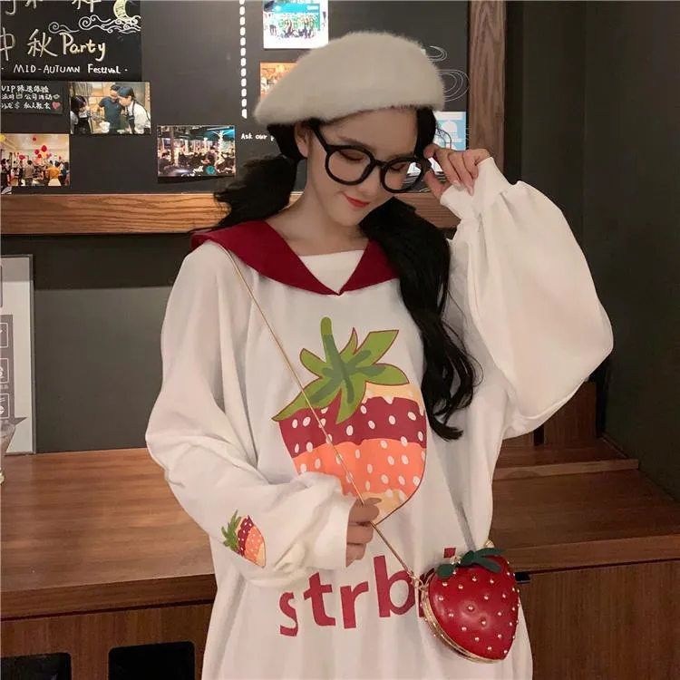 Strawberry Printed Loose Hoodies With Pocket