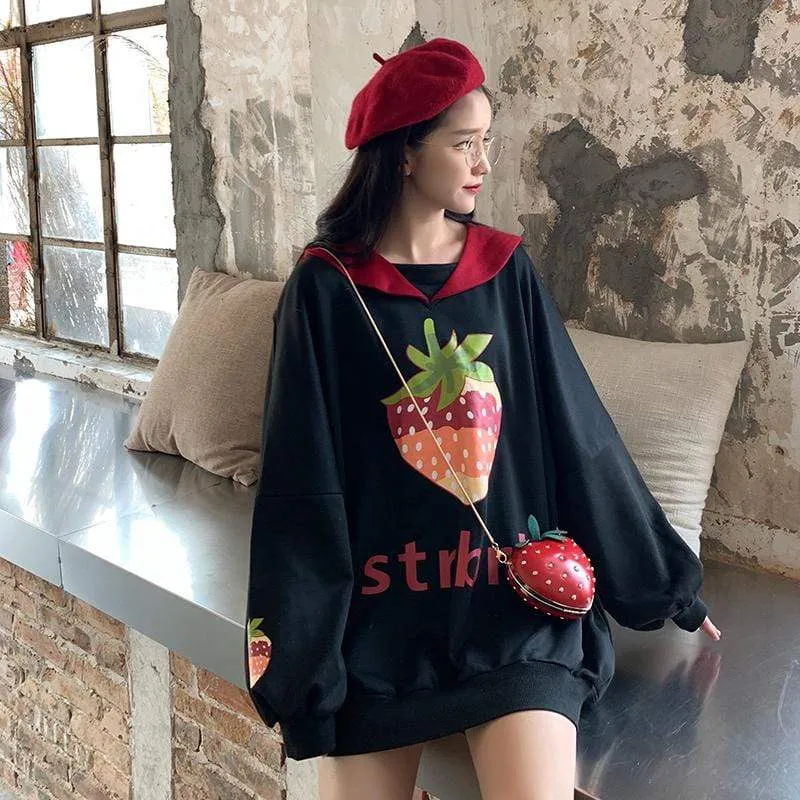 Strawberry Printed Loose Hoodies With Pocket