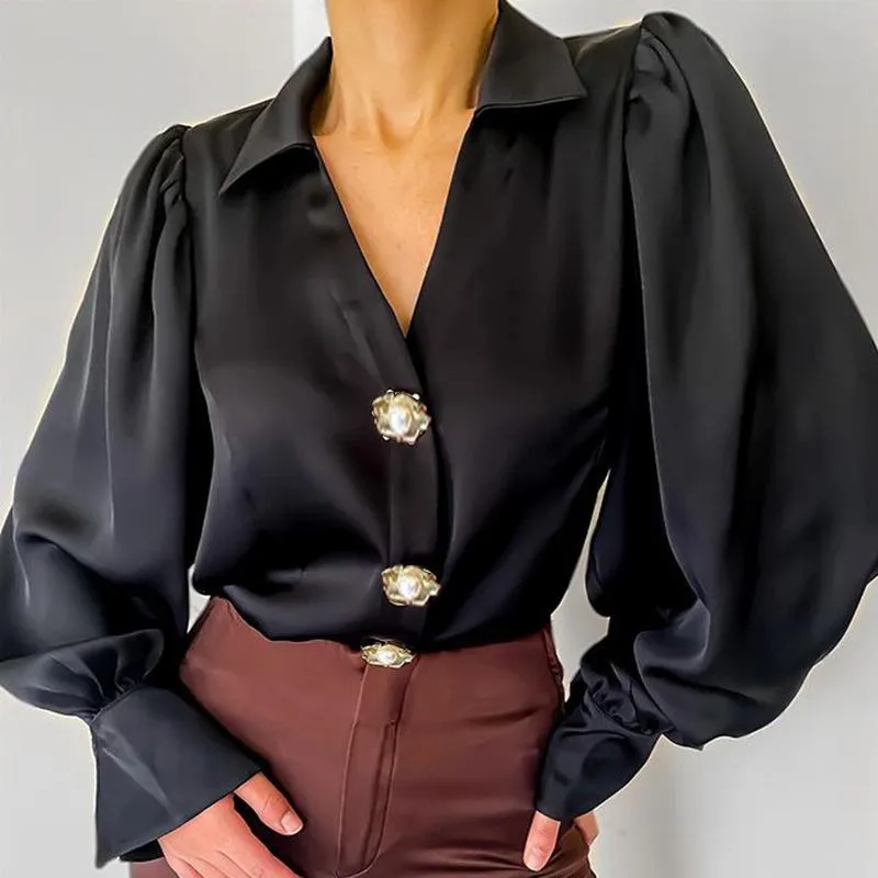 Stylish Lantern Sleeve Satin Blouse