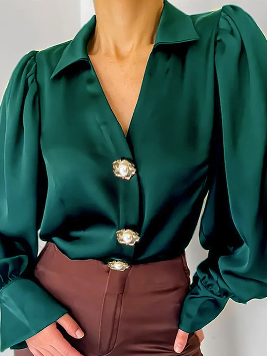 Stylish Lantern Sleeve Satin Blouse