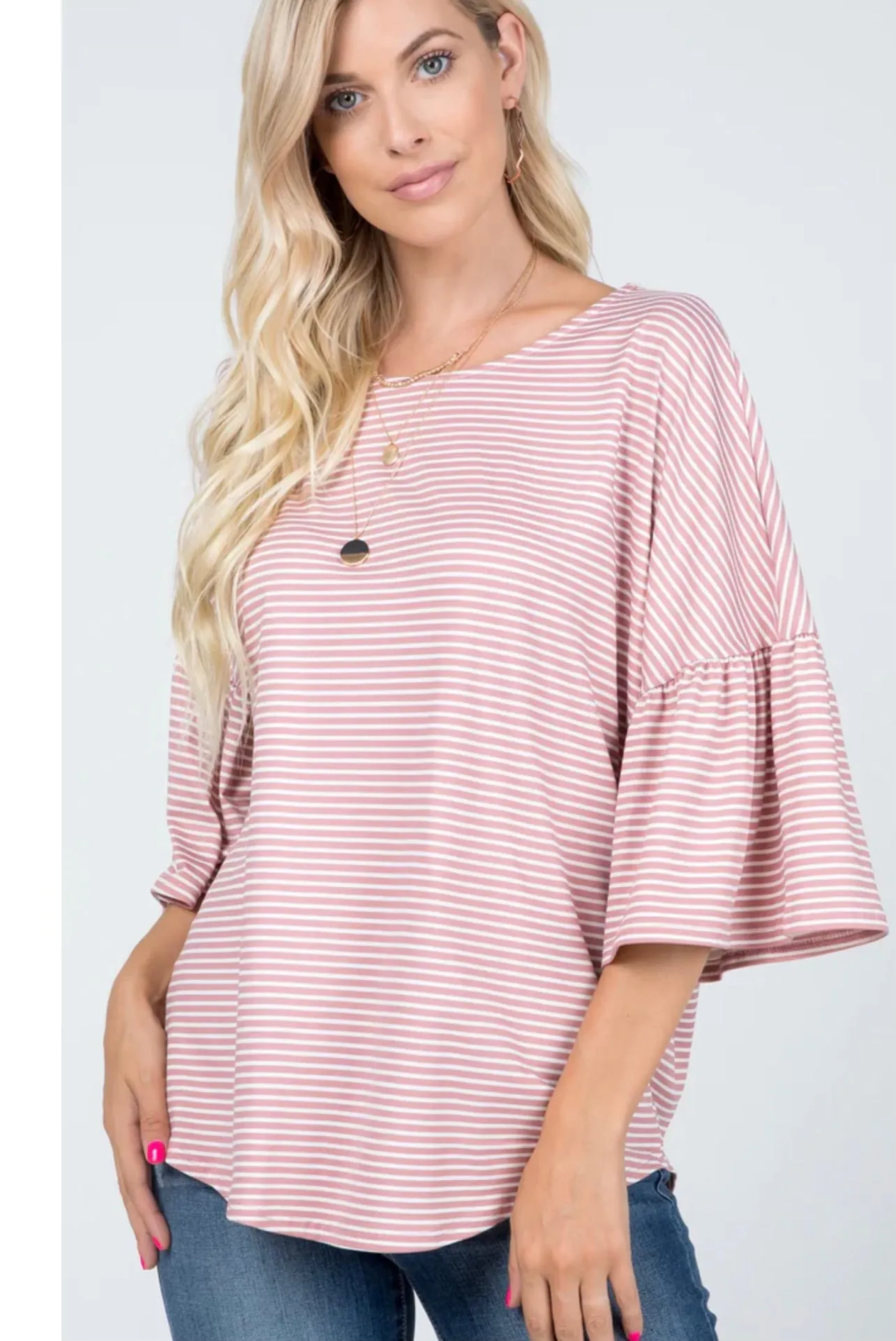 Tops- Pink striped with bell sleeves