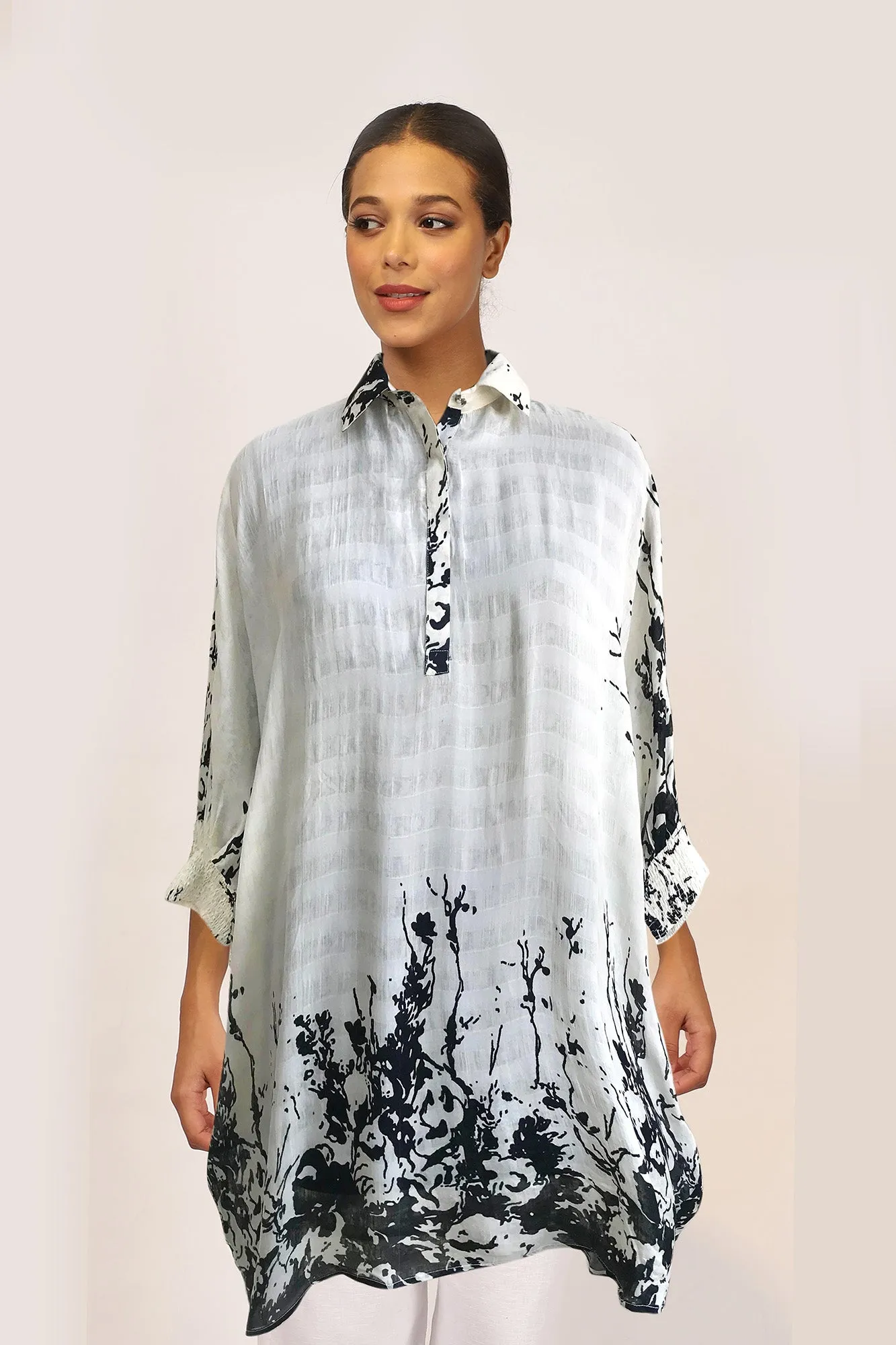 White & Black Floral Silk Kaftan