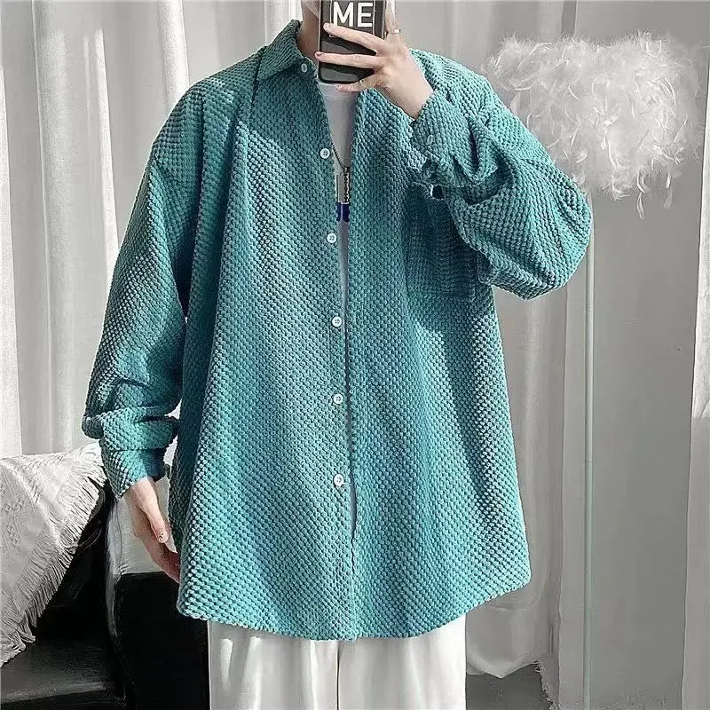 Wiaofellas -  Spring Autumn Fashion Trends Men's Waffle Shirt Loose Fit Long Sleeve  Top Male Outerwear Hong Kong Style Student Clothing