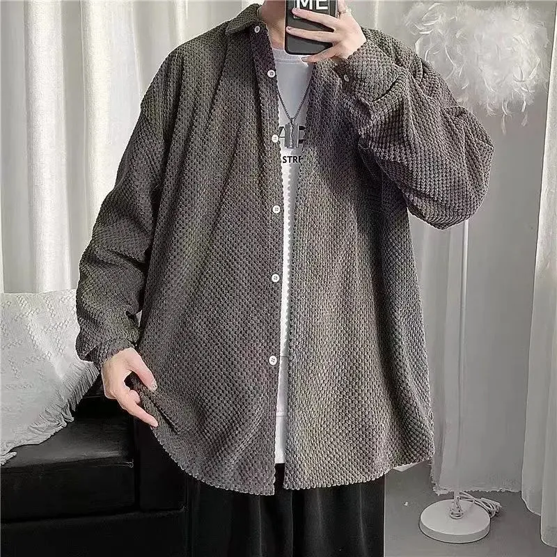 Wiaofellas -  Spring Autumn Fashion Trends Men's Waffle Shirt Loose Fit Long Sleeve  Top Male Outerwear Hong Kong Style Student Clothing