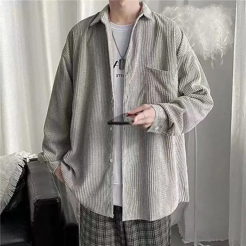 Wiaofellas -  Spring Autumn Fashion Trends Men's Waffle Shirt Loose Fit Long Sleeve  Top Male Outerwear Hong Kong Style Student Clothing