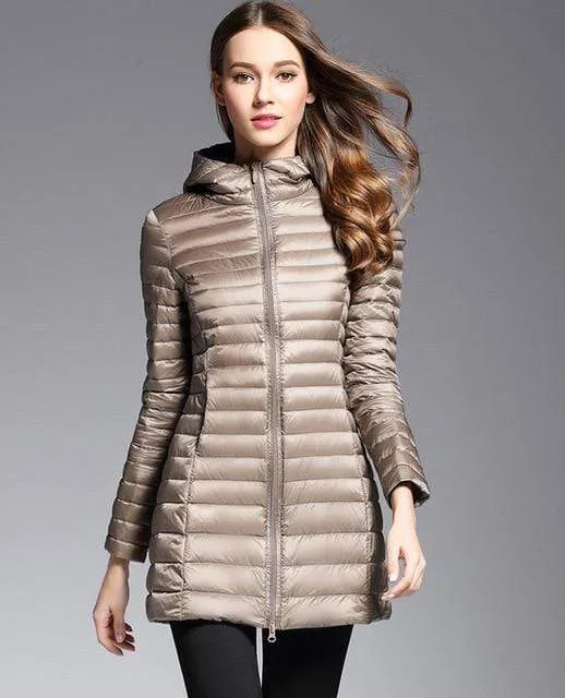 Woman Padded Hooded  White Duck Down Long Jacket