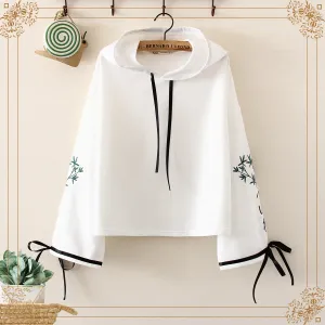 Women's Casual Leaf Embroidered Lace-up Sleeved Hoodies