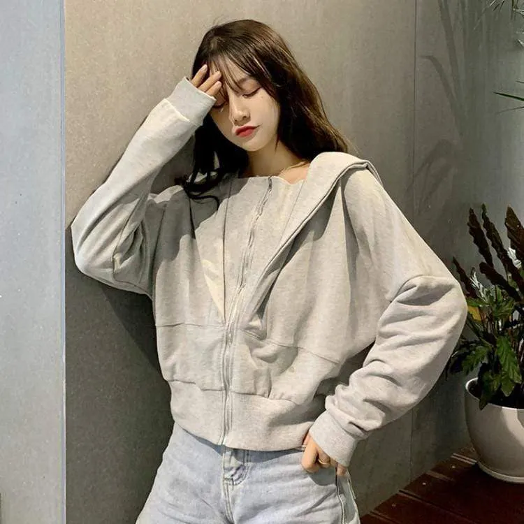 Women's Casual Pure Color Zipper Loose Hoodies