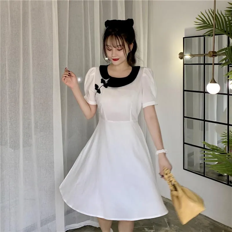 Women's Chinoiserie Contrast Color Mid-length Dresses