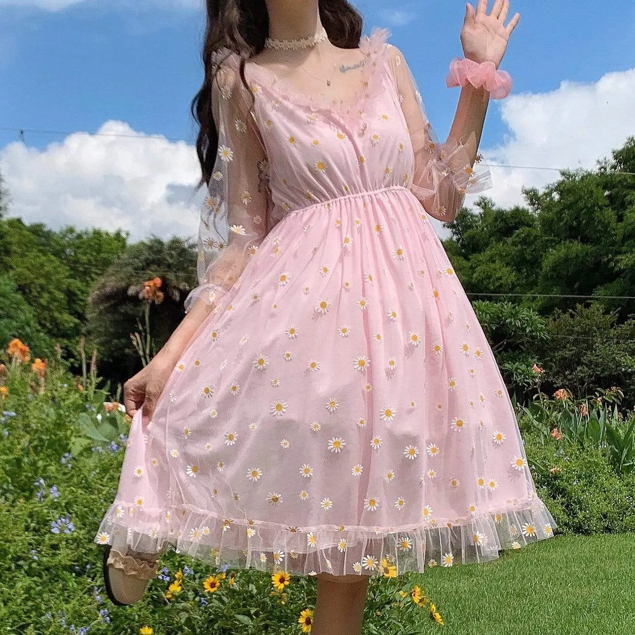 Women's Cute Daisy Printed Mesh Falbala Dresses