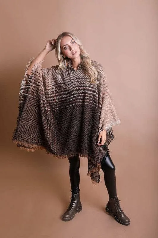 Women's hooded frayed edge tweed poncho