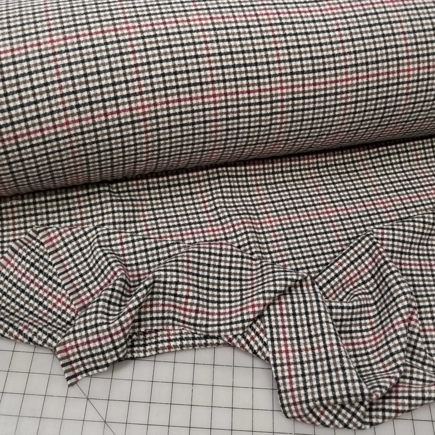 Wool Blend Melton Olive and Burgundy Checks Woven-Sold by the yard